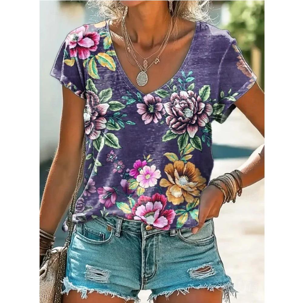 Women Summer T Shirt Beautiful Flower Print Short Sleeve Tees Casual Printed Tops XS фиолетовый