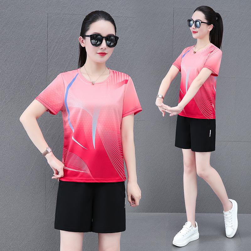 Traje Deportivo de Seda de Hielo de Secado Rápido para Mujer para Verano - Top de Manga Corta y Pantalones Cortos para Tenis de Mesa, Running, Entrenamiento de Bádminton y Fitness.