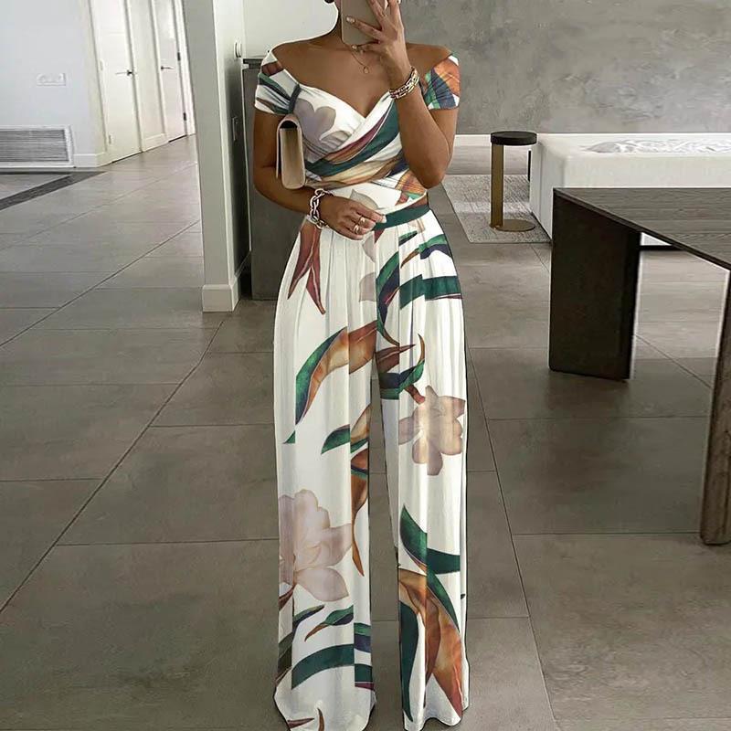 2026 spring new women's clothing, cross-border foreign trade Europe and the United States, one-word collar temperament printed casual wide-leg pants