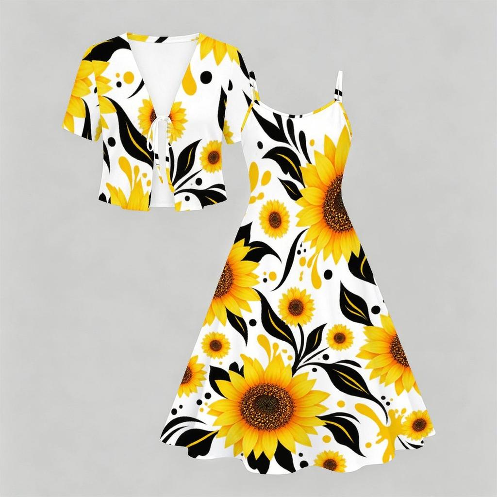 Women Plus Size Two Piece Dress Set Floral Printed V Neck Short Sleeve Tie Front Shrug Strappy Flared Dress White Blue