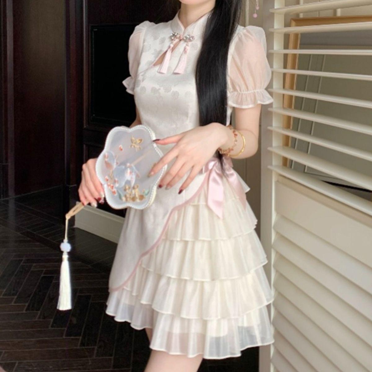 Women s Summer 2026 Bow Jacquard Cheongsam Dress: Waist-Cinching Sweet Cake Short Skirt S (Below 47.5 kg)
