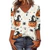 Women's Fashion Casual V-Neck Three-Quarter Sleeve Top with Halloween Print for Fall Parties