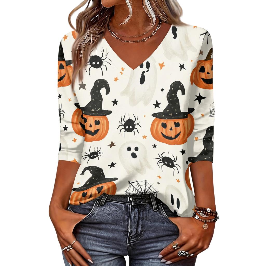 Women's Fashion Casual V-Neck Three-Quarter Sleeve Top with Halloween Print for Fall Parties