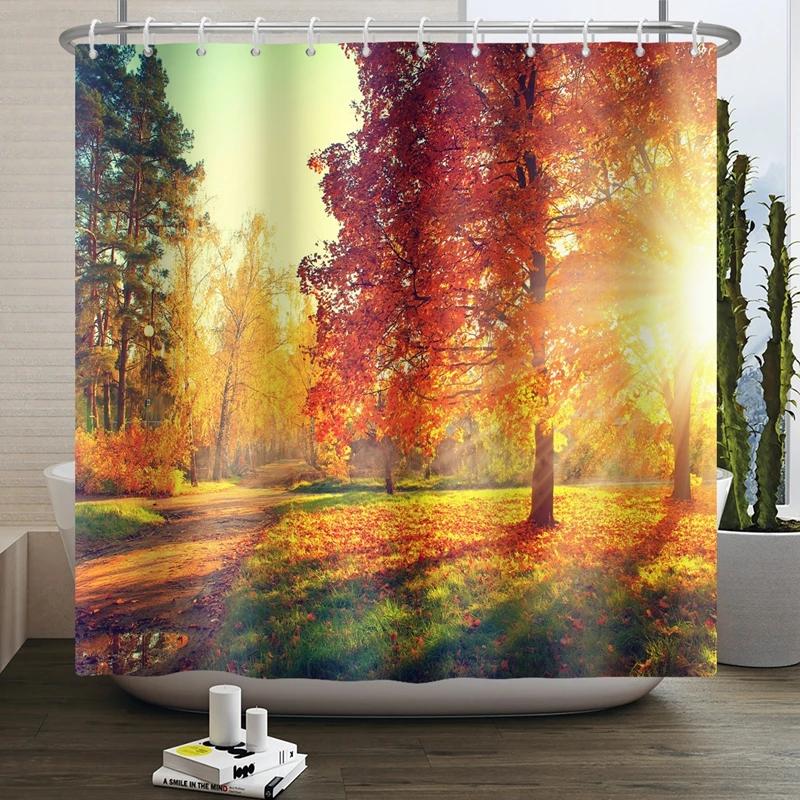 Hello Fall Shower Curtain Autumn Maple Leaves Pumpkin Bathroom Decor Polyester Fabric Cloth Shower Curtain With Hooks Room Decor