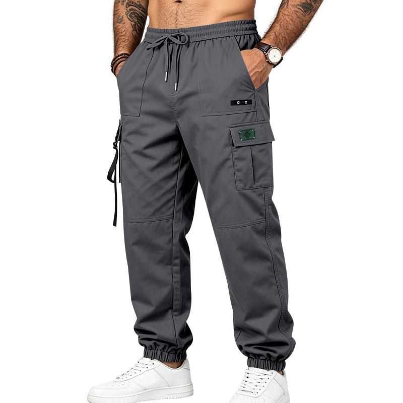 Men Drawstring Elastic Waist Jogger Cargo Pants, Multi Pockets Ribbon Decor Tapered Ankle Cuffs Casual Streetwear Utility Trousers Outdoor Daily Wear