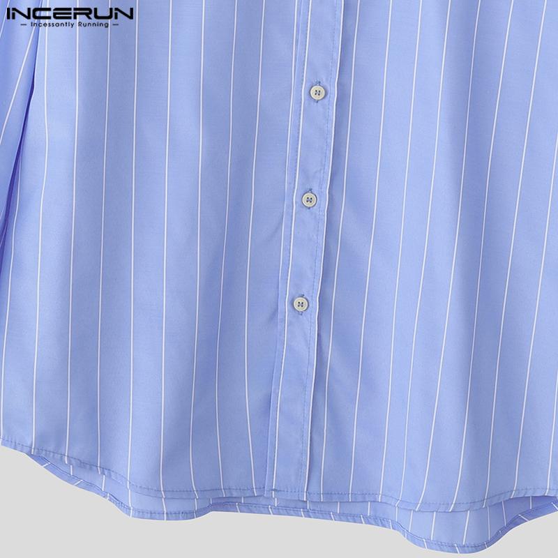 INCERUN Oversized Men Shirts Long Sleeve Lapel Striped Print Casual Loose Tops