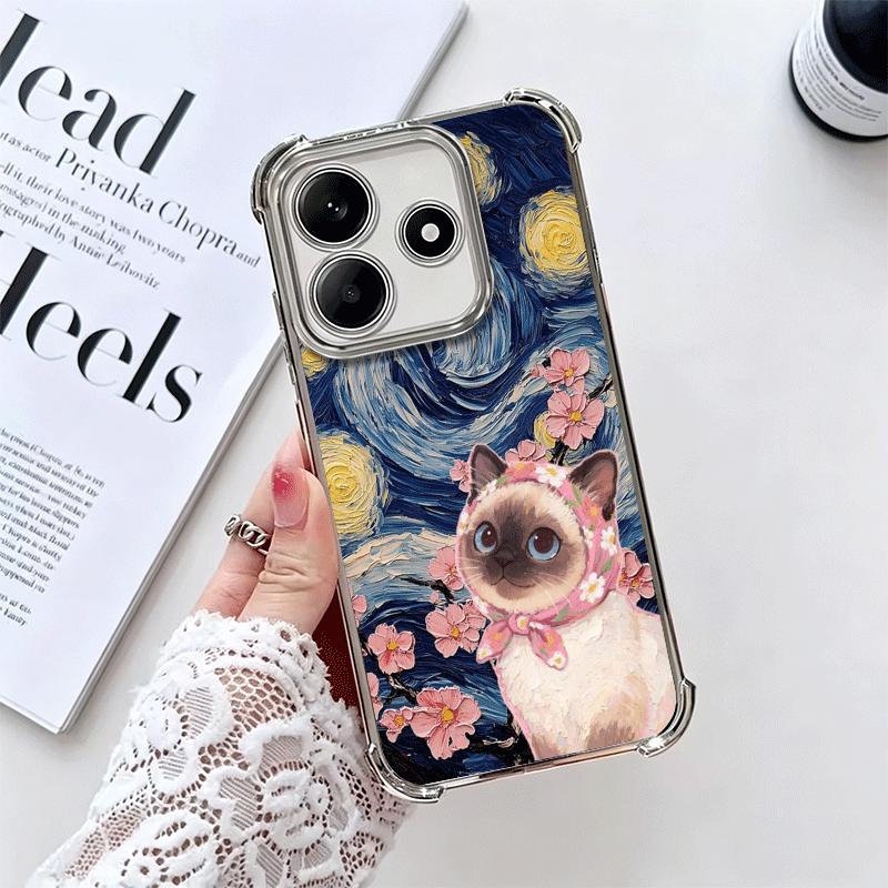 

Cute Floral Headscarf Kitten Plating Phone Case For Xiaomi Redmi Note 14 15 Pro Plus 13 12 11 11S 11T 10 9S 9 5G Anti-Fall Airab Redmi Note15ProPlus