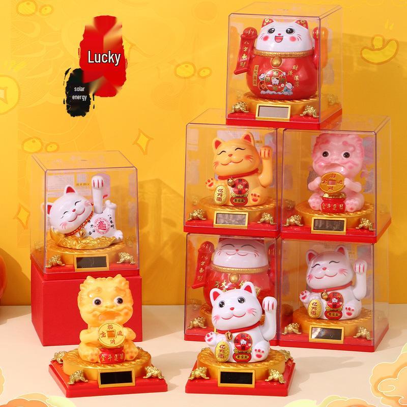 335 New Small Solar Waving Lucky Cat Ornament for Cake, Home, or Car Decoration