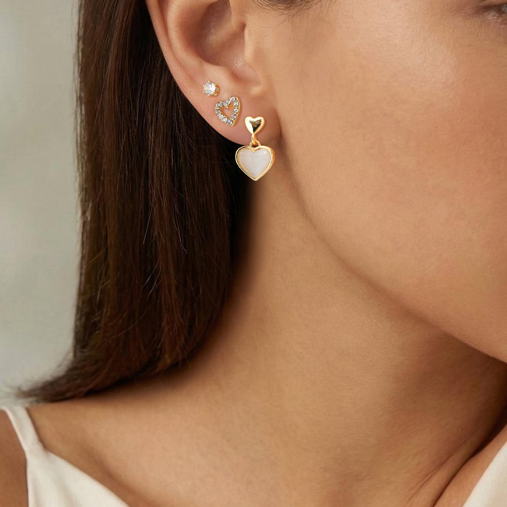 3pcs Set Romantic Heart Earrings for Women, Cubic Zircon Hypoallergenic Stud Earring Set, Fashion Piercing Jewelry
