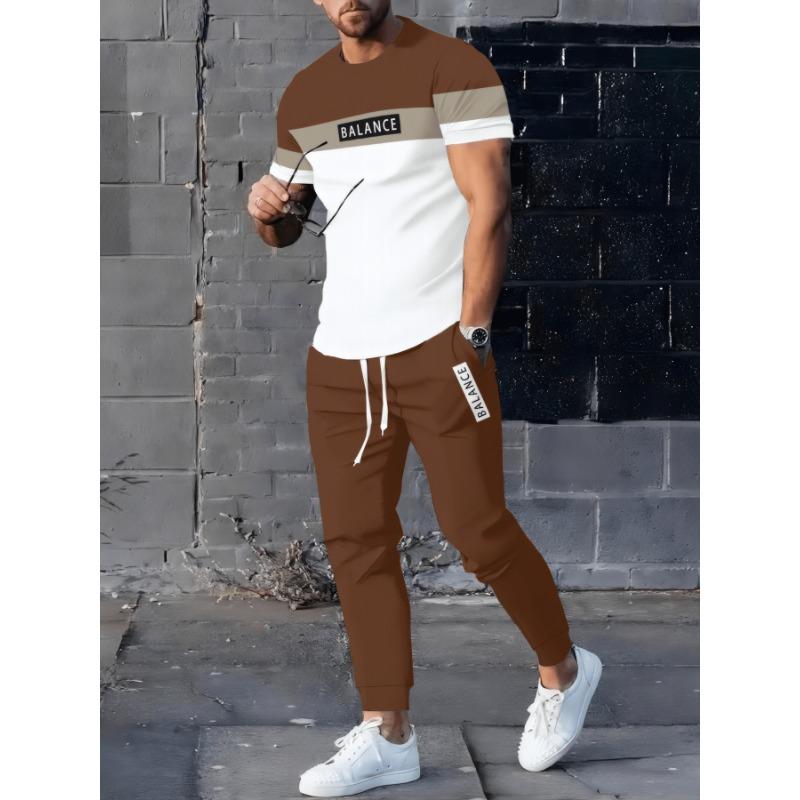 Men's Loose Fit 2pcs Set: Short Sleeve Top + Drawstring Long Pants, Soft and Breathable for Daily Outings and Sports