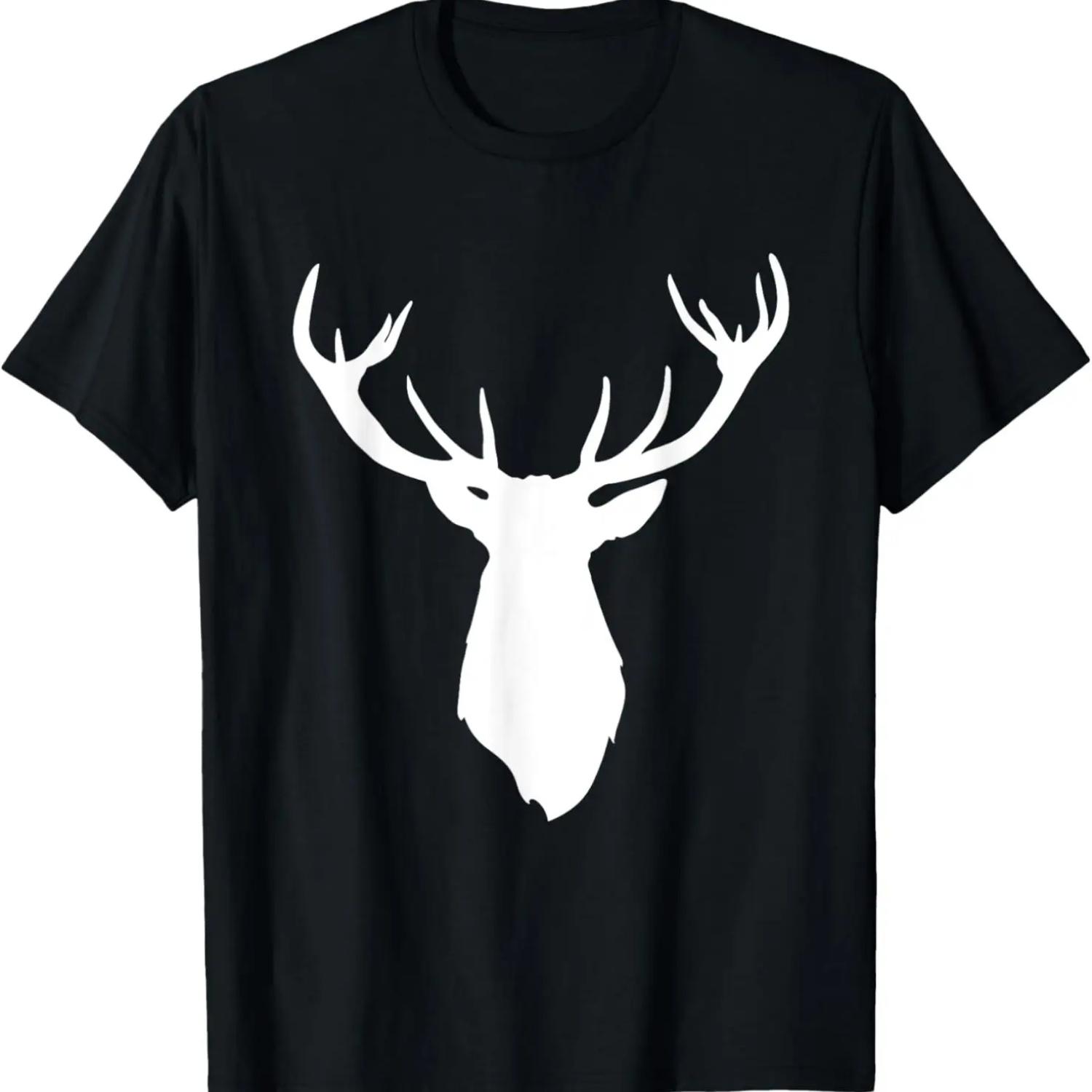 Buck Stag Deer Head Antlers White Silhouette T-Shirt S