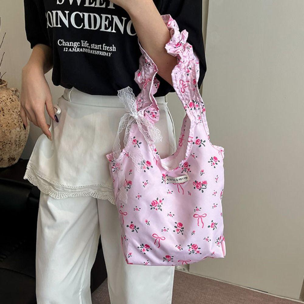 Nylon Bow Tote Bag Bowknot Fresh Lace Handbag Elegant Floral Pleated Shoulder Bag  Girls