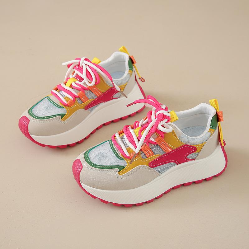 Trend versatile thick-soled heightening women's shoes 2025 summer new color matching student breathable mesh single shoes sports and leisure