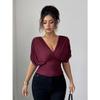 Women Solid Deep V Neck Short Sleeve Cinched Waist Sexy Casual Fitted Top