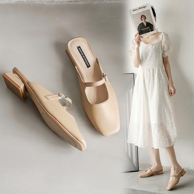 Leather Mary Jane Sandals Women's Slippers Low-heeled Single Shoes 2025 Summer Shallow Thick Heel Small Fragrant Temperament Single Shoes Women