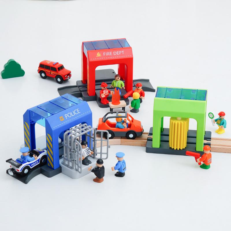 Car Wash Rail Car Set Train Scene Children Fire Station Police Station Simulation Toy  Station Bridge Wooden Train Tracks Toys