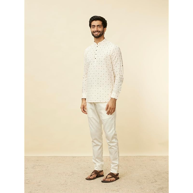Manyavar Printed Casual Full Sleeves Short Kurta for Men - (Beige, Medium) M бежевый