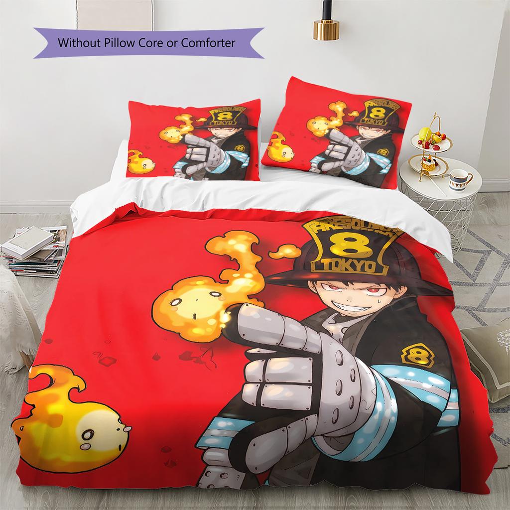 Fire Force Pattern Bedding,Quilt Set Quilt Cover Pillowcase Home Birthday Gift (1 * duvet cover + 2 * pillowcase, without core)