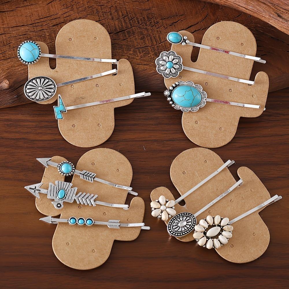 3PCS Bohemian Vacation Style Turquoise Inlaid Women's One Word Clip Seaside Vacation Daily Dressing Side Clip Hair Accessories