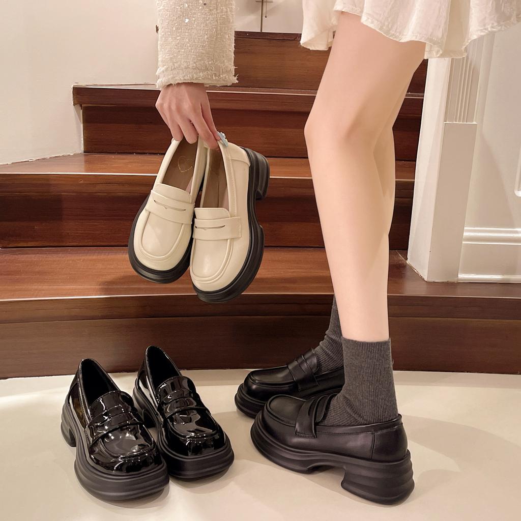 British style white round head college style one pedal platform small leather shoes women's 2025 spring and autumn new thick heel loafers