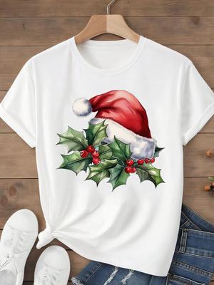 (Rozmiar azjatycki) T-shirt Top festiwalowy Wesołych Świąt Nowego Roku Święta Kobiety słodki styl uroczy Nadruk Pani Krótki Rękaw Modne Graficzne Koszulki