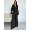 Women's 2 Piece Set V Neck Long Sleeve Belted Blazer & Wide Leg Pants Elegant Casual Office Outfit