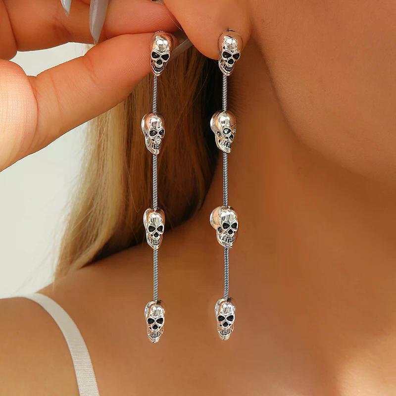 Boucles d'oreilles pendantes longues tête de mort Halloween pour femmes Boucles d'oreilles pendantes gothiques Bijoux Punk Party Cadeau