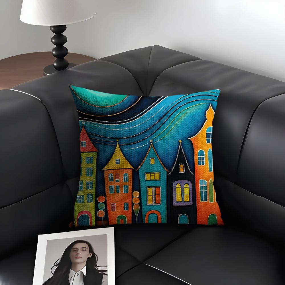 Bemaltes Waldhaus Kissenbezug Natürlicher Leinen Bio-Stoff Doppelseitiger Druck Sofa Heimdeko Geschenk Kissenhülle