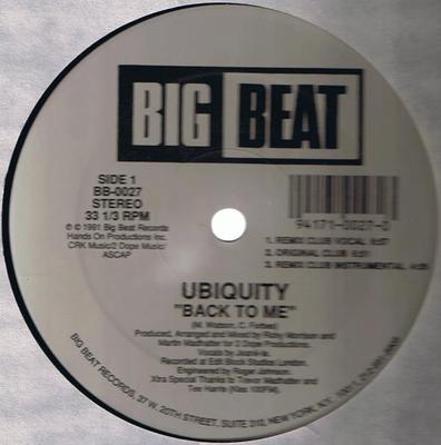 12inch Record UBIQUITY - Back To Me BB0027 Big Beat 1991 US Dance & Electronica Used