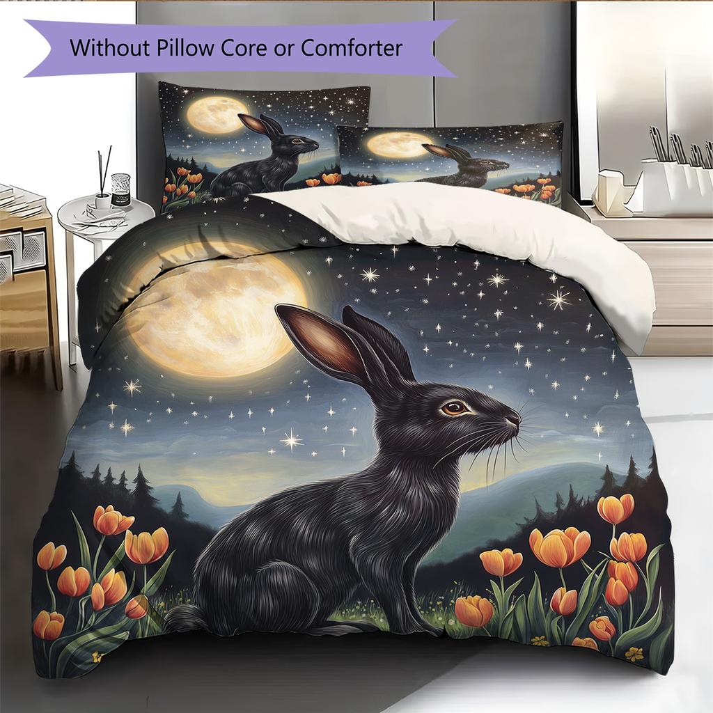 Rabbit in Flower Bush Pattern Bedding Quilt Set Home Decoration Gift (1 * duvet cover + 2 * pillowcase, without core)
