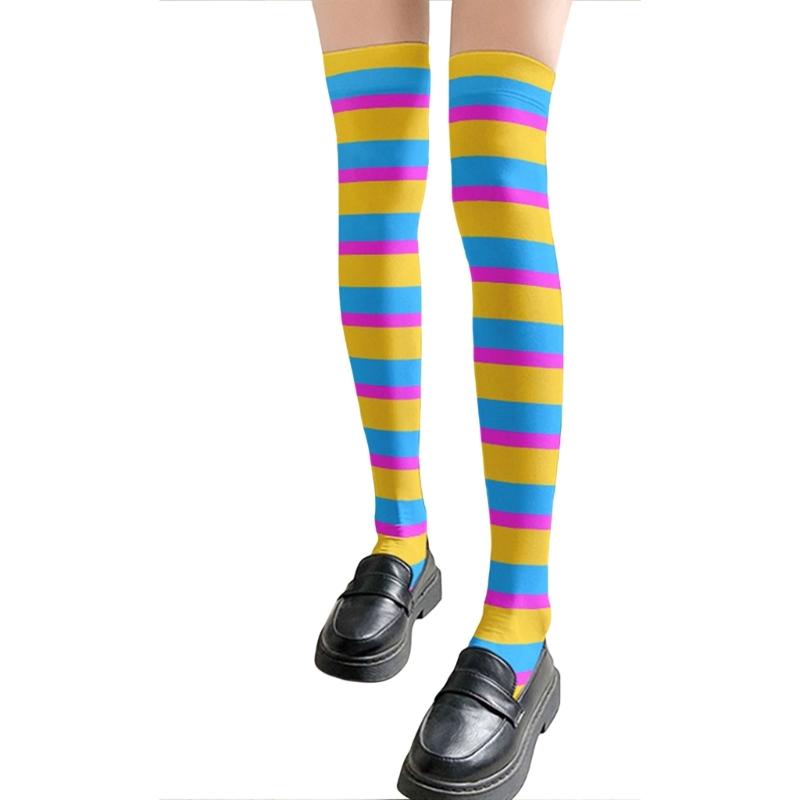 Rainbow Multicolor Striped Print Over the Knee Stockings for Women Carnivals Parties Anime Thigh High Long Socks Hosiery