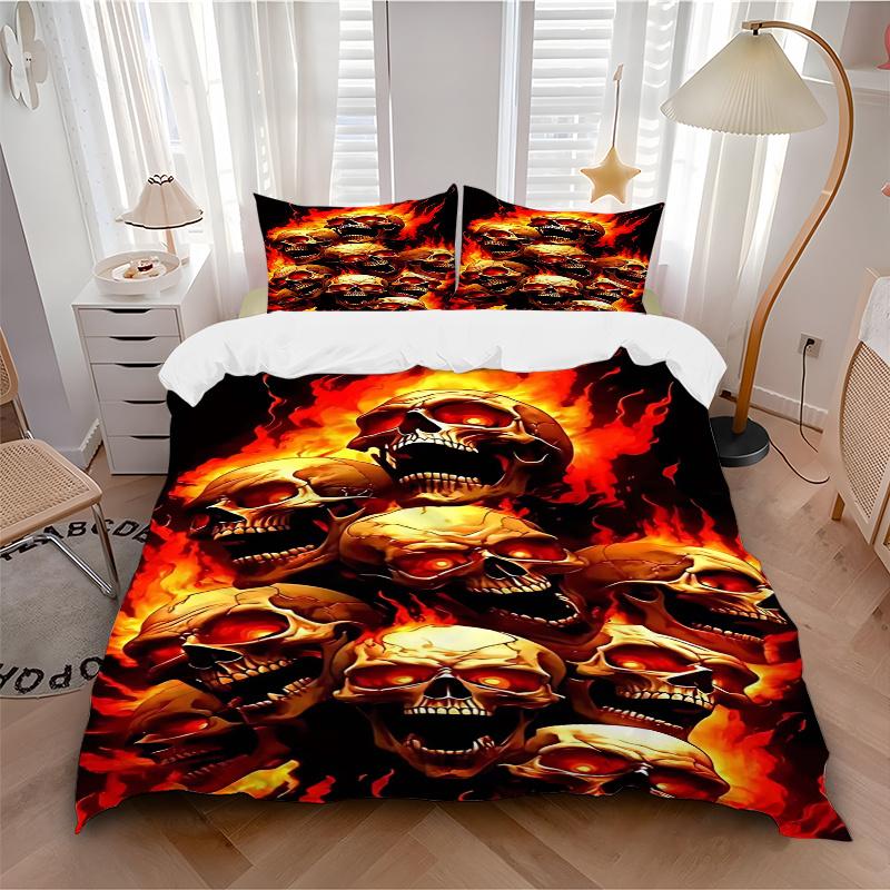 3pcs Anime Skulls Fire Print Comforter Set with 1 Quilt Cover & 2 Pillowcases (No Core) - Home Decor, Festival Gift, Polyester Fabric, Anime Cartoon D