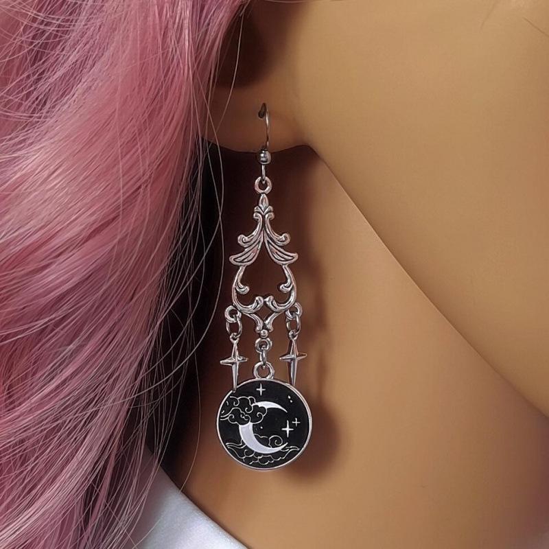 Moon Phase Crescent Star Earrings - Celestial Gothic Witchcraft Style