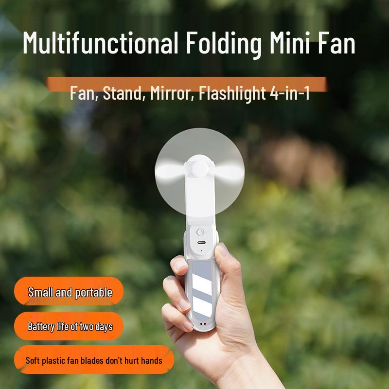 4-in-1 USB Rechargeable Multi-Functional Mini Fan with Phone Holder, Mirror, Flashlight, and Three-Speed Settings
