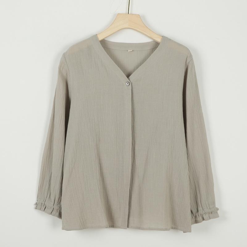 Johnature Women Shirts Tops V-Neck Long Sleeve Blouses Spring Button Solid Color Casual Women Shirts