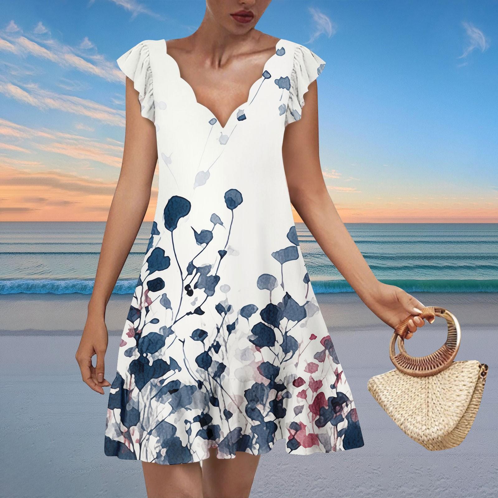 

Женское модное повседневное платье с V-образным вырезом и волнистым краем с цветочным принтом и коротким рукавом XL