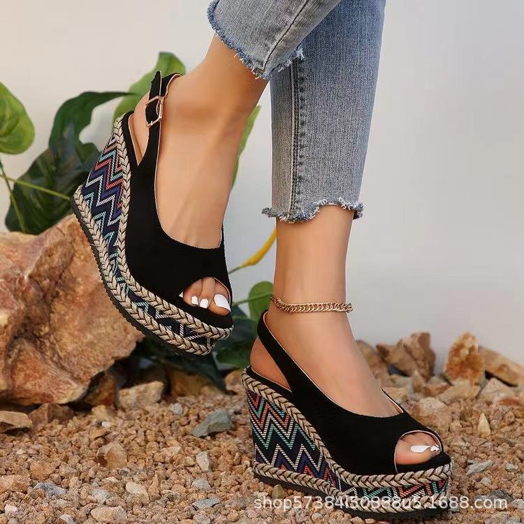 Foreign Trade Large Size Women's Shoes 2025 New One-word with Wedge Heel Platform Sandals Fashionable New Wedge Heel Sandals High Heel Women