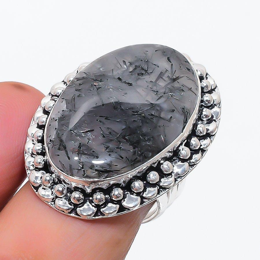 Natural Black Rutile Gemstone 925 Sterling Silver Jewelry Ring Size 7.5 C2R57