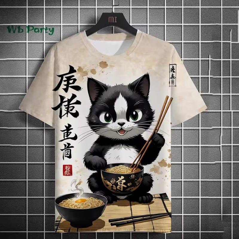 Ladies T-Shirt Blue Wave And Cat Graphic Print Retro Fashion Casual Street Round Neck Oversized Ladies Summer Clothing