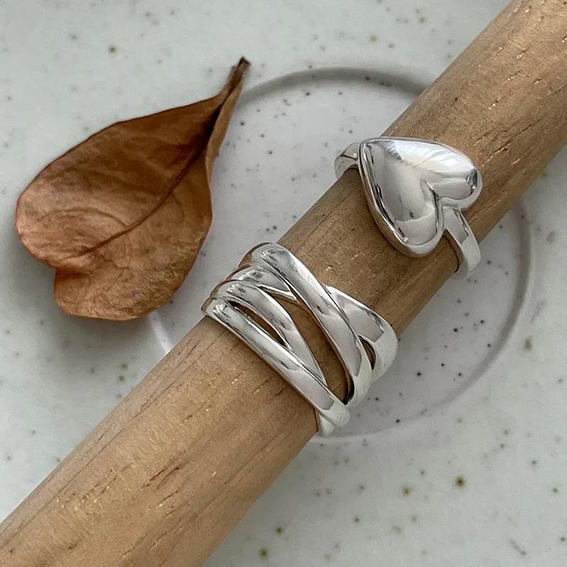 VENTFILLE Stamp Silve Color Love Heart Overlapping Ring for Women Girl Birthday Gift Irregular Hip Hop Fashion Jewellery