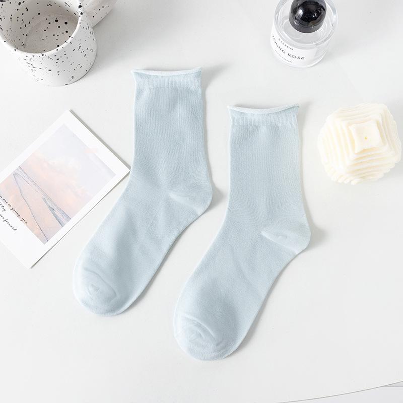 Loose Rolled-up Socks for Women In Summer, Thin and Breathable Mid-calf Socks, Solid-colored Cotton Pile Socks