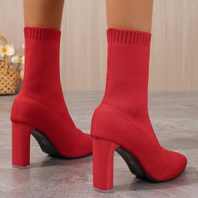 2024 New Wine Red Black Womens Boots Pointed Toe Shoes Elasticity Knitting Short Spring Autumn Shoes Elegant High Heels Shoes