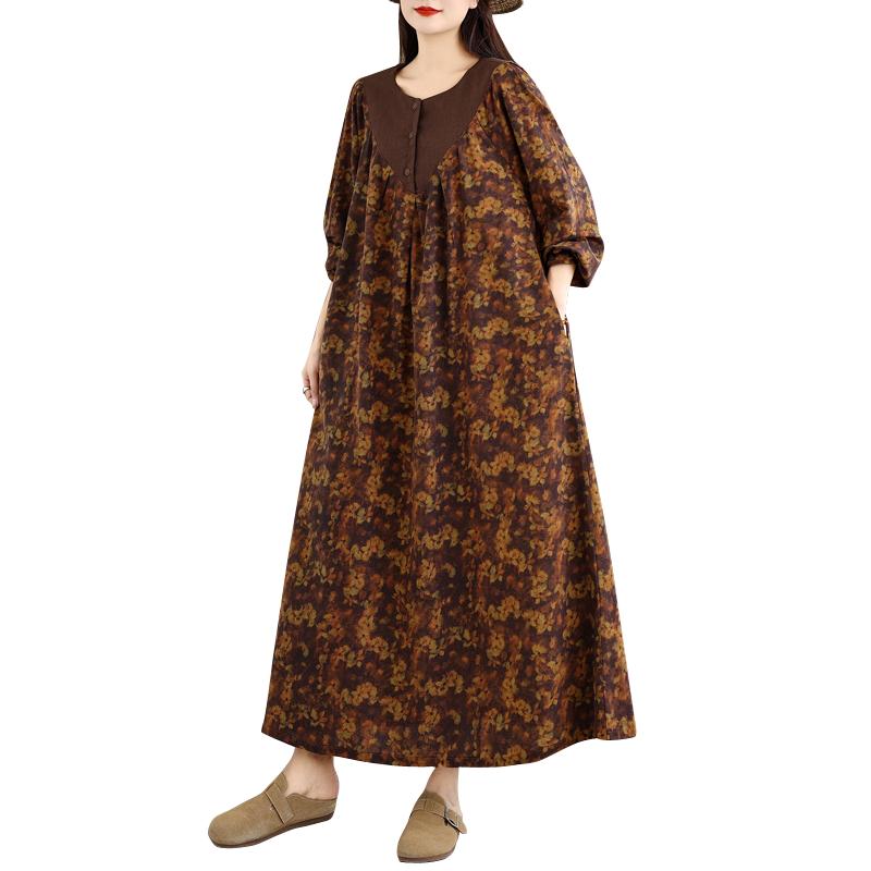 DIMANAF Damen Große Größen Herbst Langarmkleid Locker Lässig Oversize Maxi Vintage Baumwolle Leinen Blumenkleid 2025