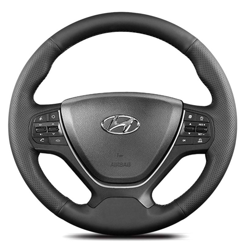 Hand Stitched Non-slip Car Steering Wheel Cover for Hyundai I20 Mk2 2015-2018 DIY Black Perforated Leather Car Interior