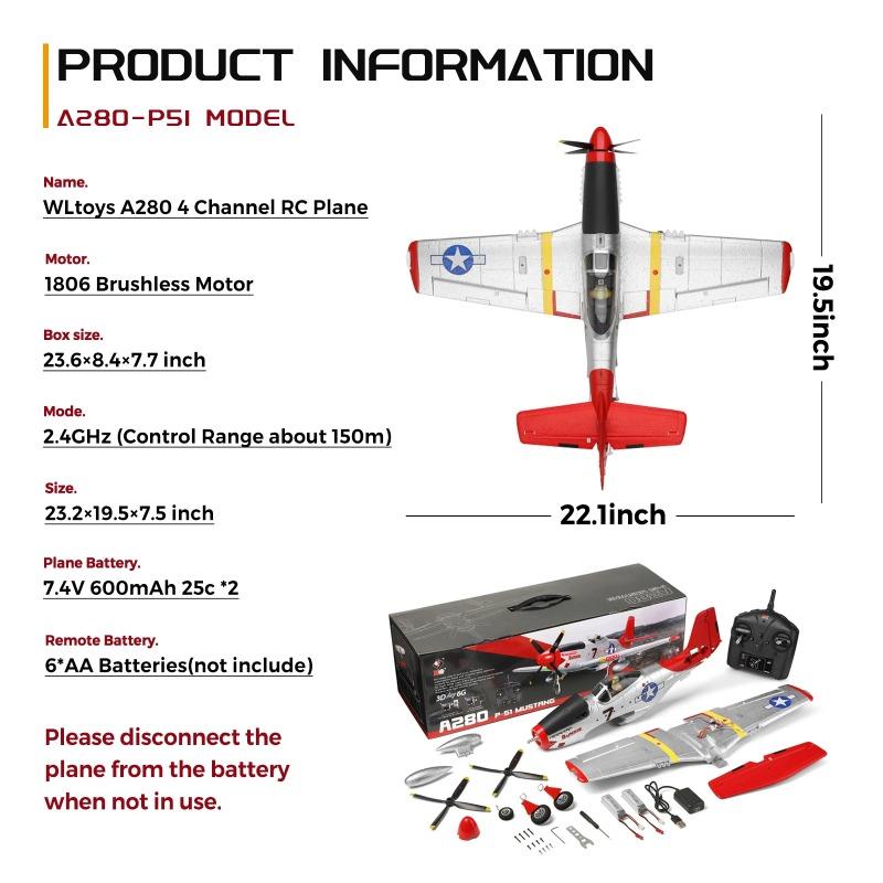 WLtoys XK A280 RC plane,P51 Mustang 4-CH RC Airplane with Lights,6G/3D Brushless Remote Control Airplane,Suitable for Adults