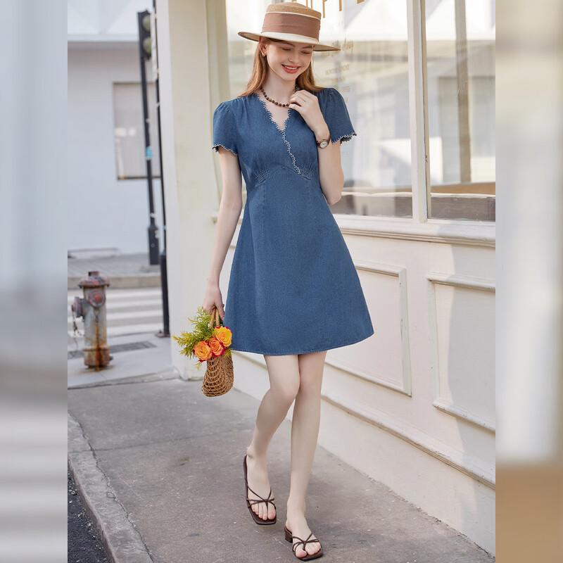 Women's Denim A-Line V-Neck Midi Dress