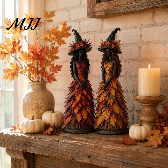 Halloween Witch Figurine Autumn Figurine, Fall Tabletop Statue with Leaf Resin Sculpture Table Ornament Gown, Seasonal Decoration for Mantel
