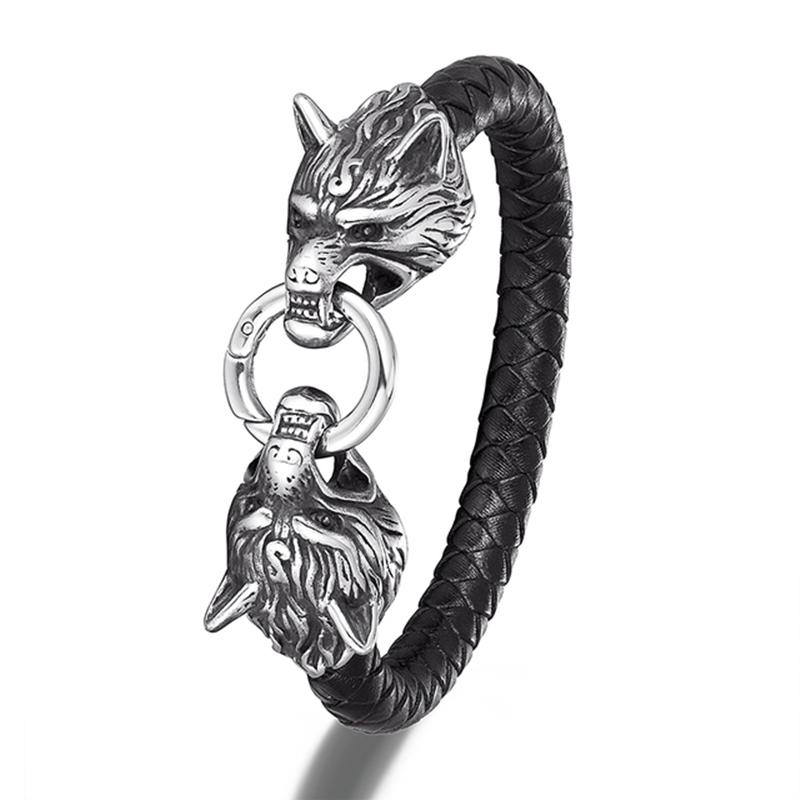 Classic Animal Viking Double Dragon Wolf Head 316L Stainless Steel Men's Leather Bracelet Fashion Punk Jewelry Pulseras