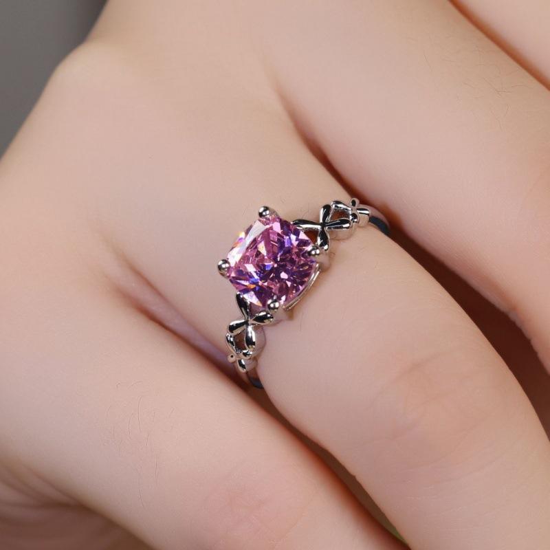 New popular niche premium zircon ring white gold pink square edge cross ring women