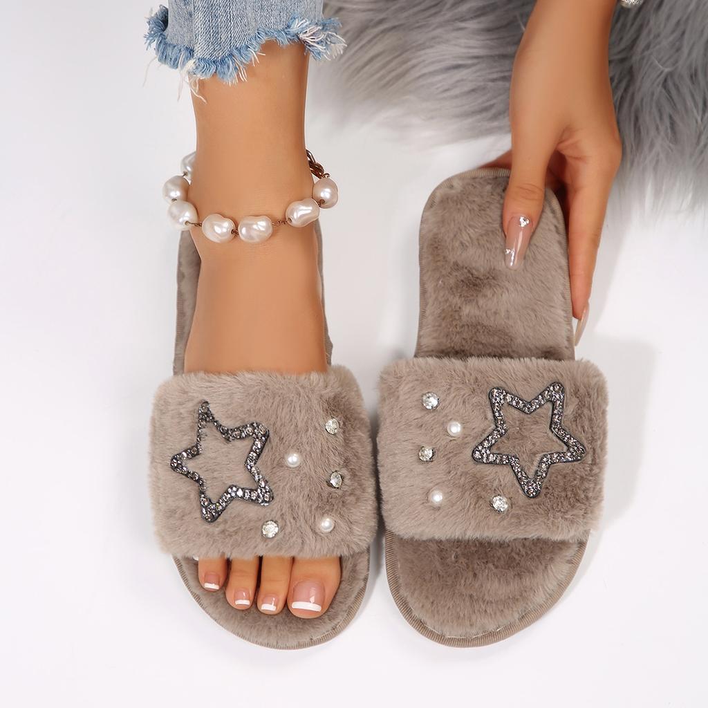 Fashion Punk Glitter Star Decoration Cotton Slides Women 2025 Winter Warm Short Plush Flat Heel Slippers Comfort Soft Indoor Slipper